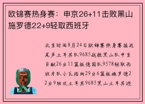 欧锦赛热身赛：申京26+11击败黑山 施罗德22+9轻取西班牙