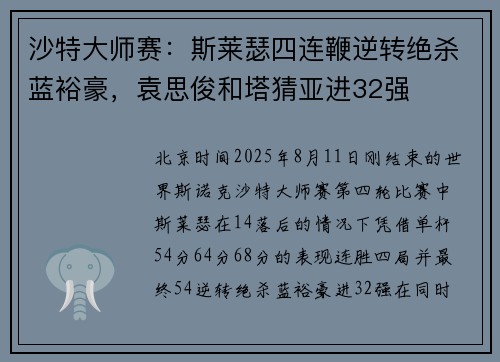 沙特大师赛：斯莱瑟四连鞭逆转绝杀蓝裕豪，袁思俊和塔猜亚进32强